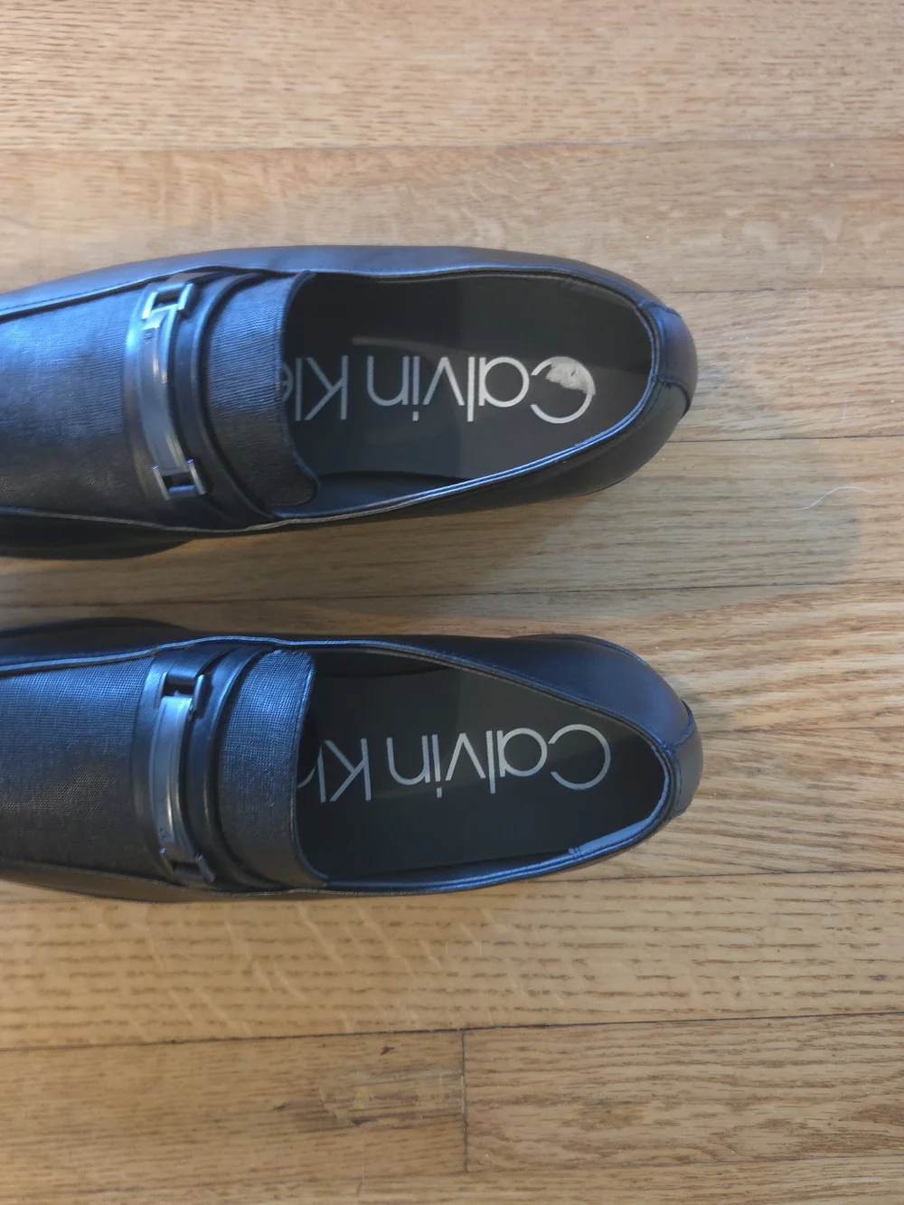 Calvin Klein Men's Black Leather Slip-On Loafers with Silver Bit